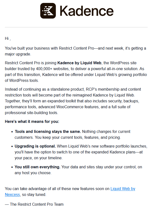 Captura del correo de RCP, informando de la integración dentro de Kadence.
