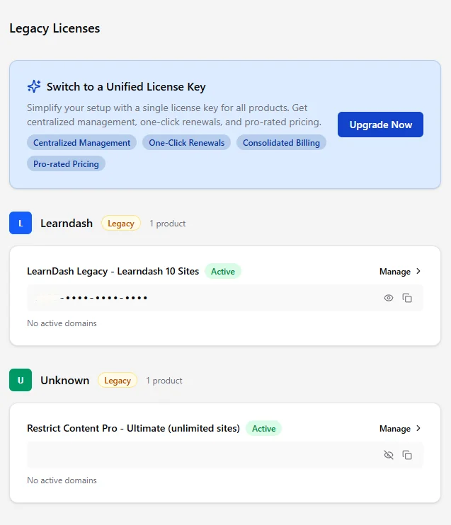 Vista de las "Legacy Licenses" dentro del portal de cliente de Liquid Web.